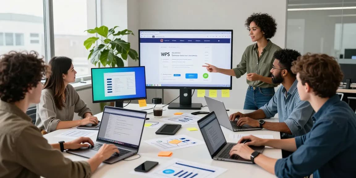 Team collaborating in a modern office showcasing WPS Official Website features on large screen.