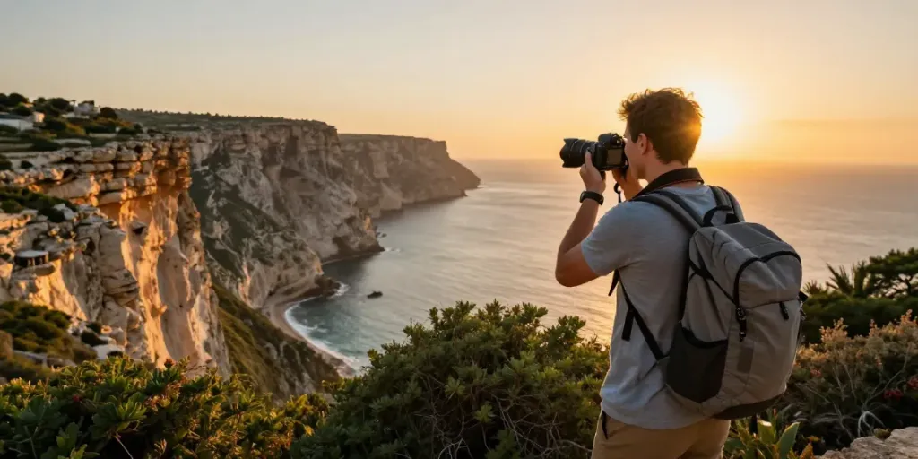 Gozo tours show a traveler at sunset overlooking dramatic cliffs and coastline.