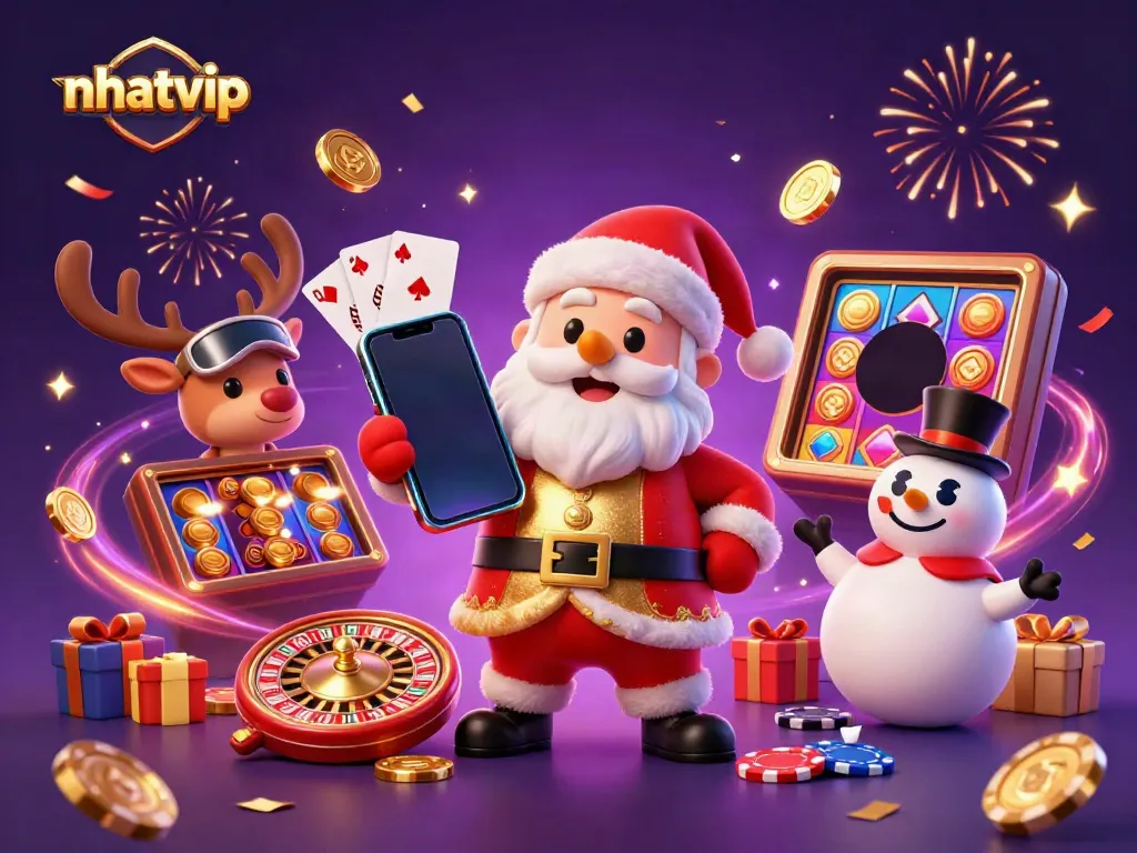 Experience excitement with Nhatvip's carnival scene featuring Santa and his playful casino companions.