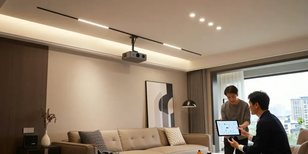 Sistem de iluminat modern cu sina magnetică încastrată în living contemporan, evidențiind flexibilitate și stil.