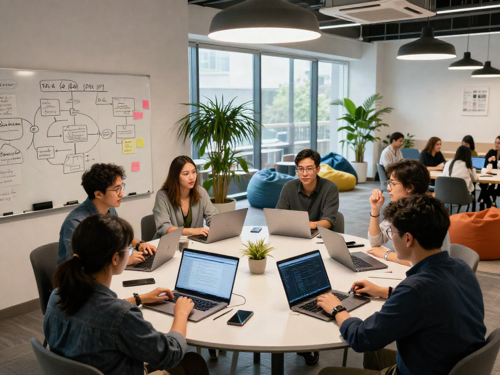 Dynamic tech workspace with professionals collaborating on crushon ai development.