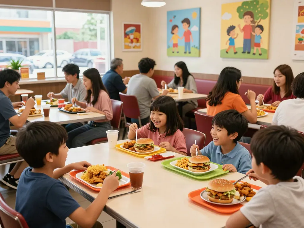 Happy families enjoying meals at ROKOK88 with rokok88 login menu options in a bright dining space.