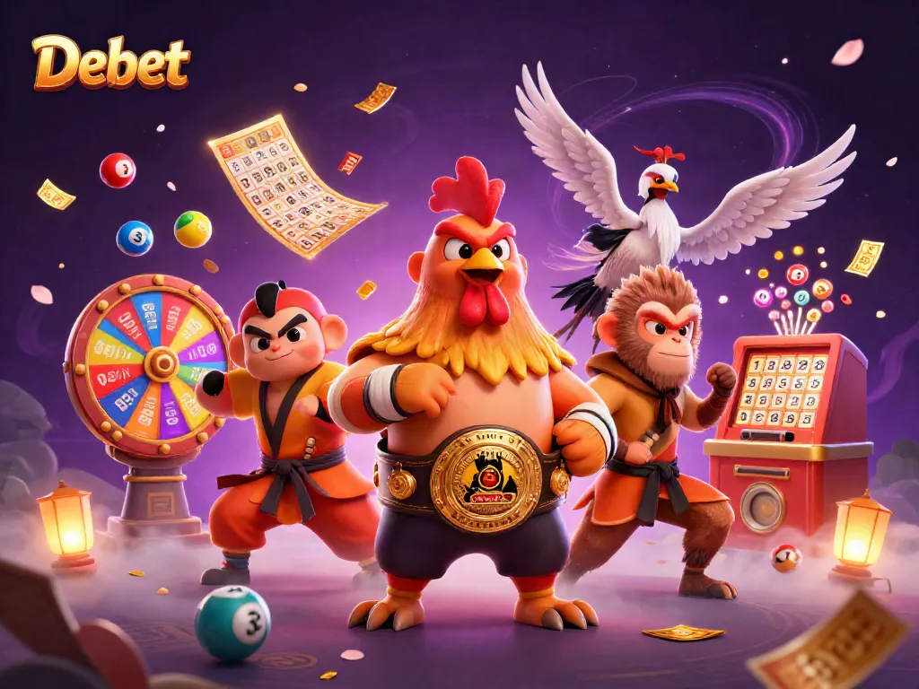 Engage with Debet's thrilling gambling experience featuring dynamic casino characters and lottery excitement.