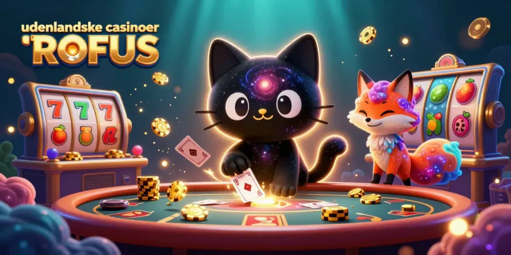 Engage with udenlandske casinoer uden ROFUS at an animated cosmic casino table filled with vibrant slot elements.