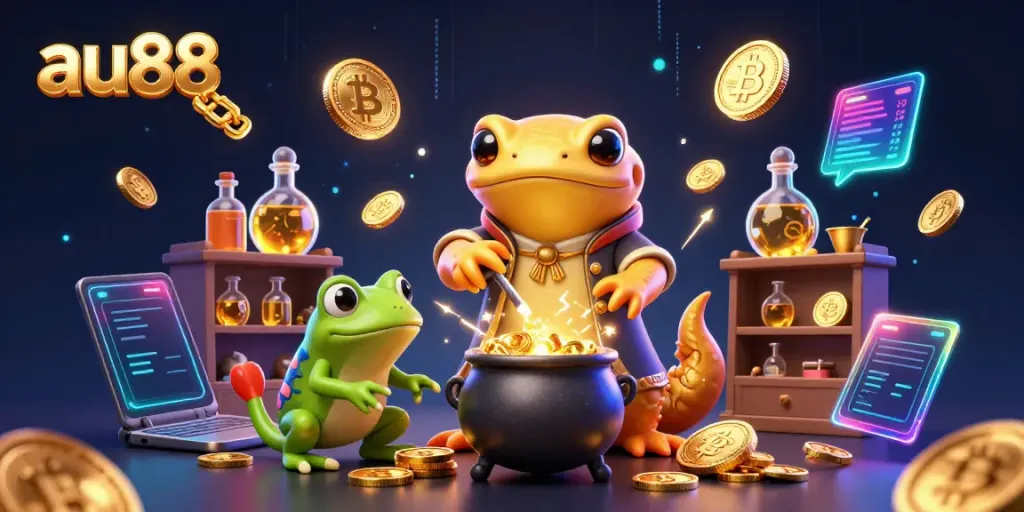 Transform your gaming experience at au88 with an alchemist creating gold in a magical casino world.