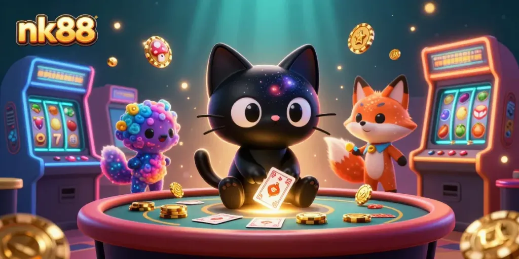 Experience the thrill of nk88 with colorful casino elements starring a black hole cat and nebula fox.