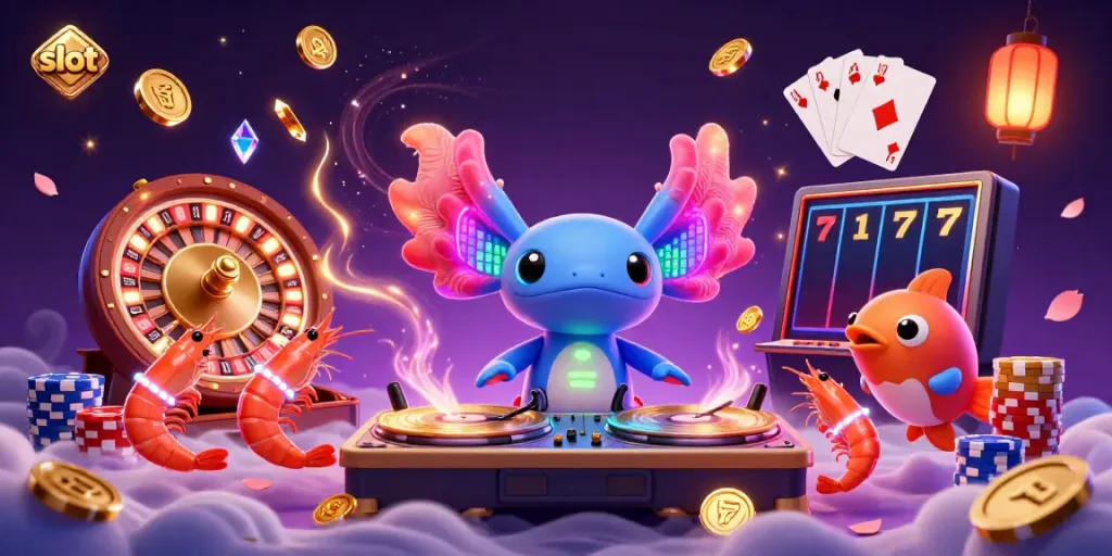Experience vibrant slot gaming with a colorful axolotl DJ and engaging casino elements.