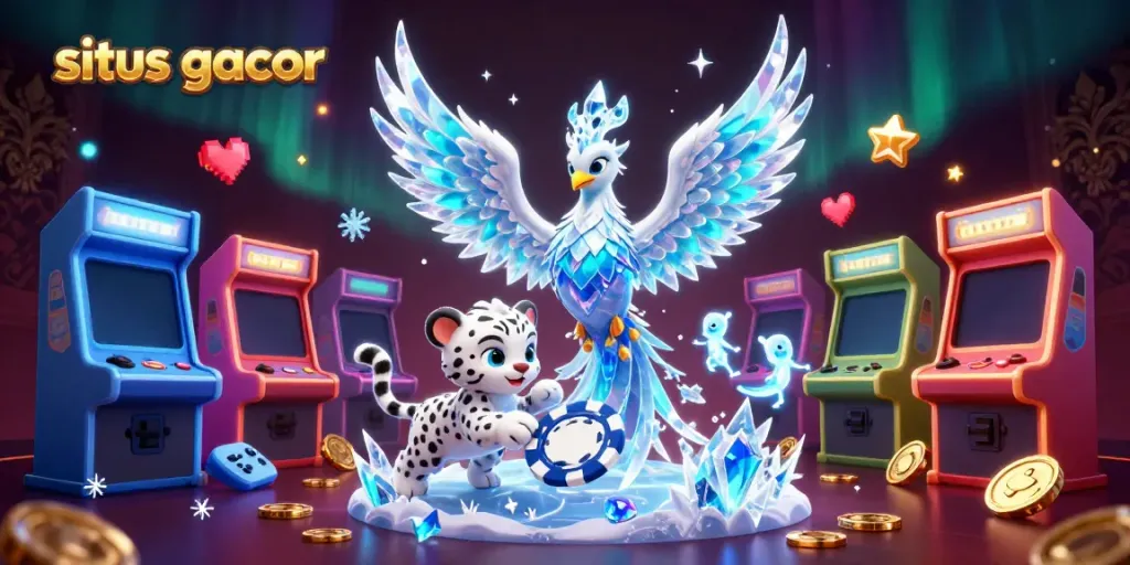 Engage with the dynamic scene of situs gacor featuring a vibrant 3D phoenix, arcade elements, and casino excitement.