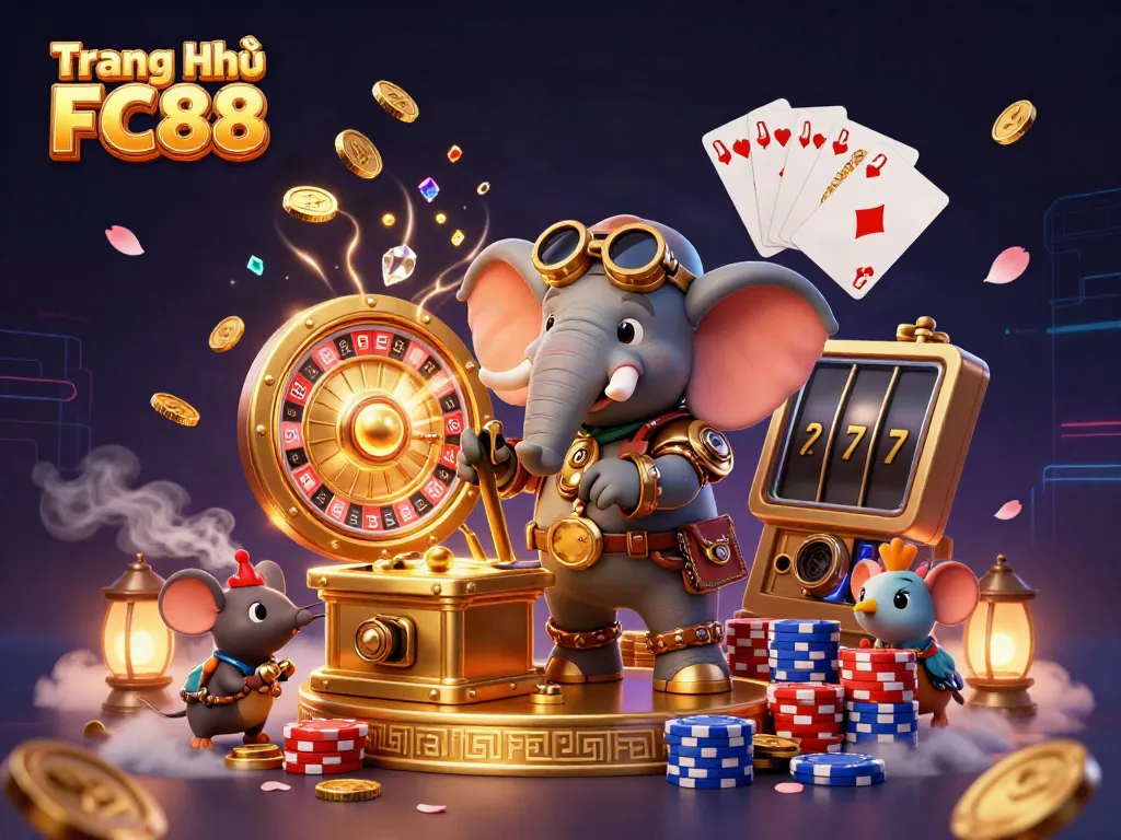Experience winning excitement at Trang Chủ FC88 with vibrant 3D casino scenes of steampunk characters and games.