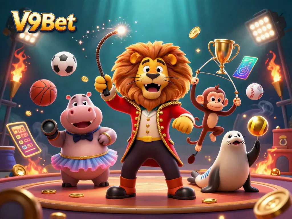 Engage with V9Bet's vibrant casino fun, featuring exciting characters and dynamic sports-themed elements.