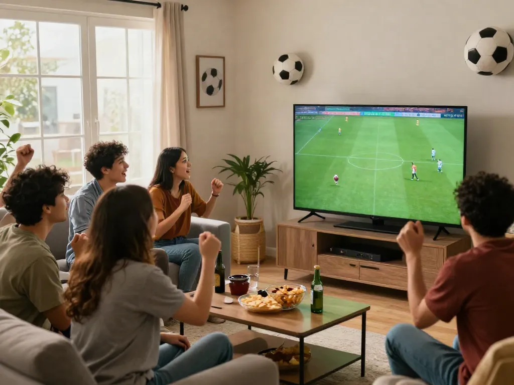 Friends enjoying bóng đá cakhiatv in a lively living room with excitement and snacks.
