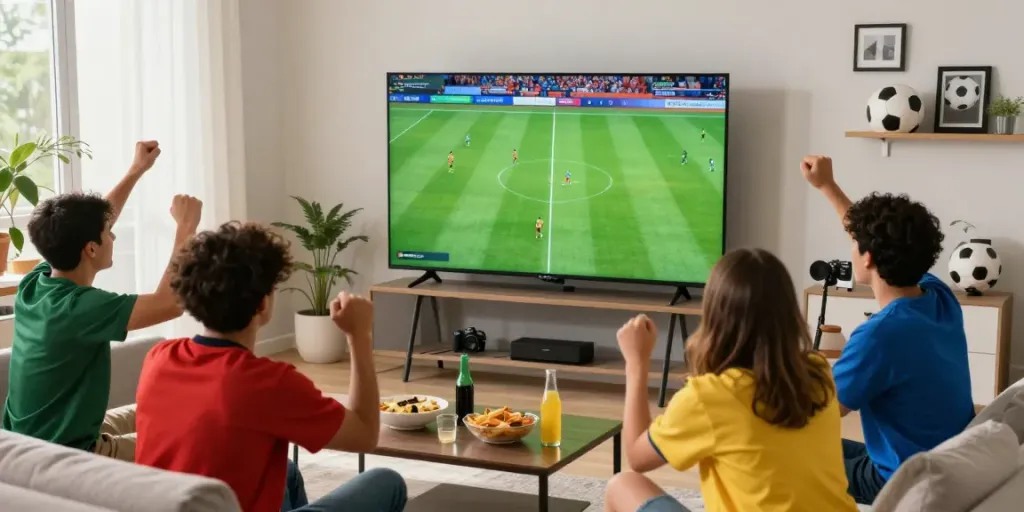 Friends enjoying bóng đá socolive live match in a vibrant living room.