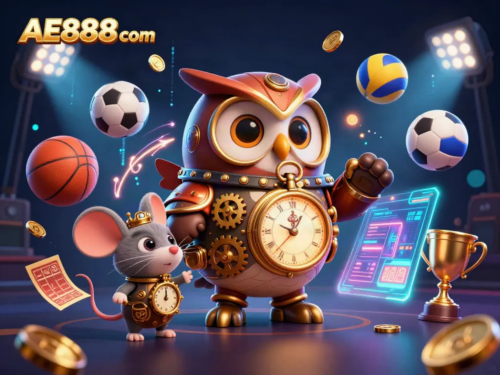 Experience thrilling betting at AE888 com with an energetic scene of a time-traveler owl and gaming elements.