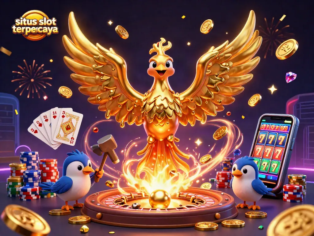 Engage with situs slot terpercaya and experience thrilling wins, illustrated with a phoenix and casino elements.