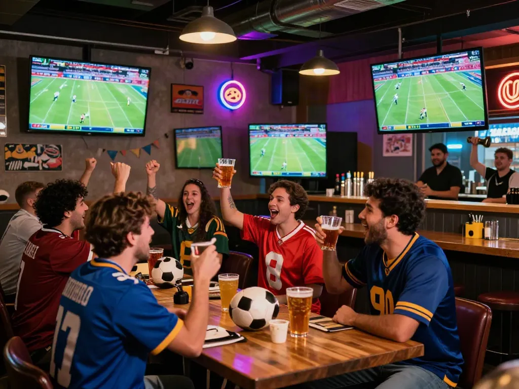 Excited fans enjoying bóng đá gavangtv match in a lively sports bar.