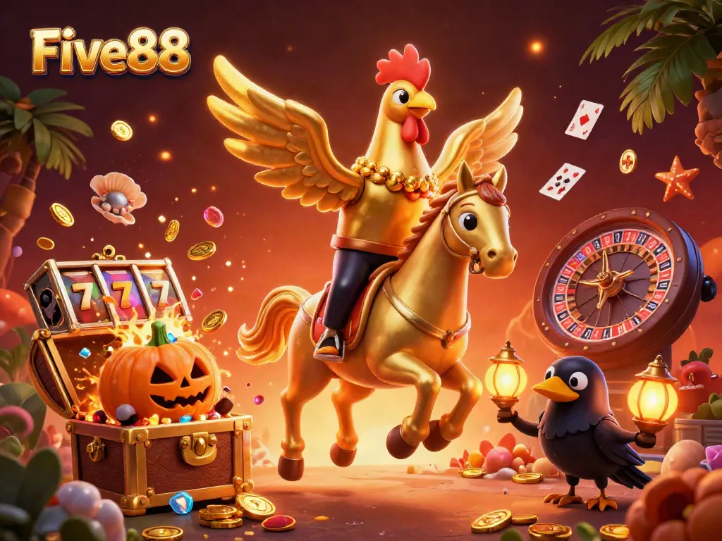 Experience vibrant gameplay at Five88 with a golden rooster in a bustling casino scene filled with treasures.