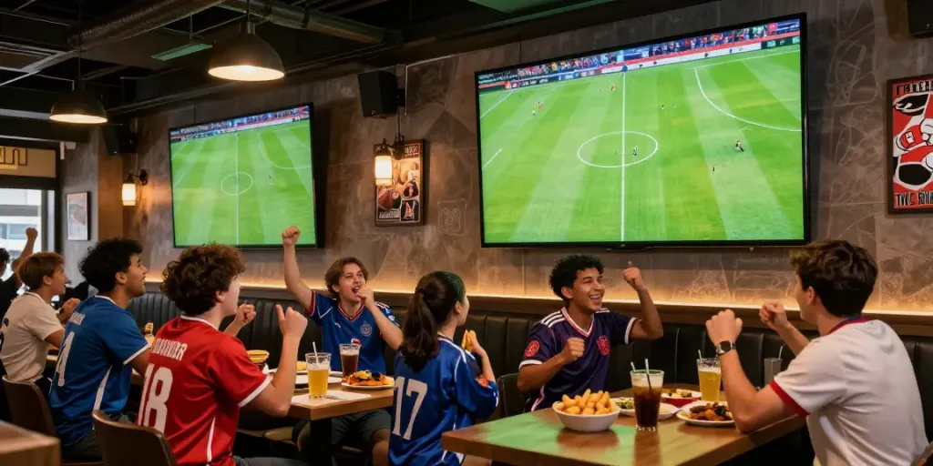 Fans enjoying bóng đá gavangtv at a lively sports bar with large screens.
