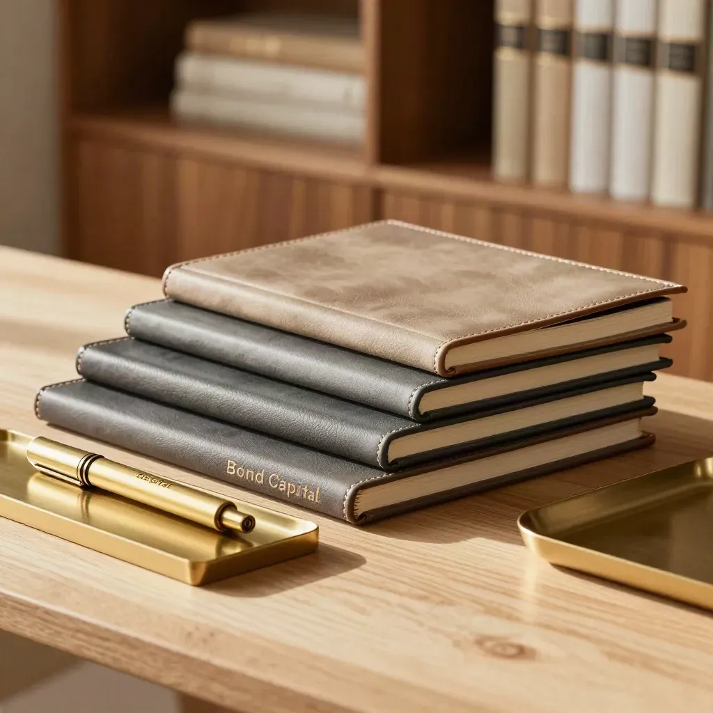 Four closed folios, a brass marker, and a tray on pale oak in warm window light.