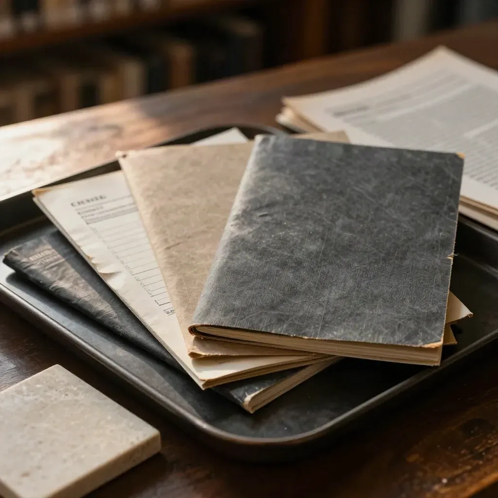 Closed credit notes on a blackened tray with stone samples in warm library light