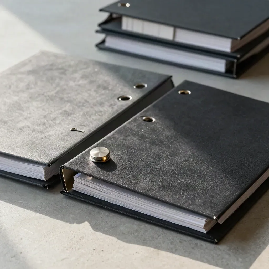 Slate binders, steel seal, and linen divider on concrete, with one binder half-open.