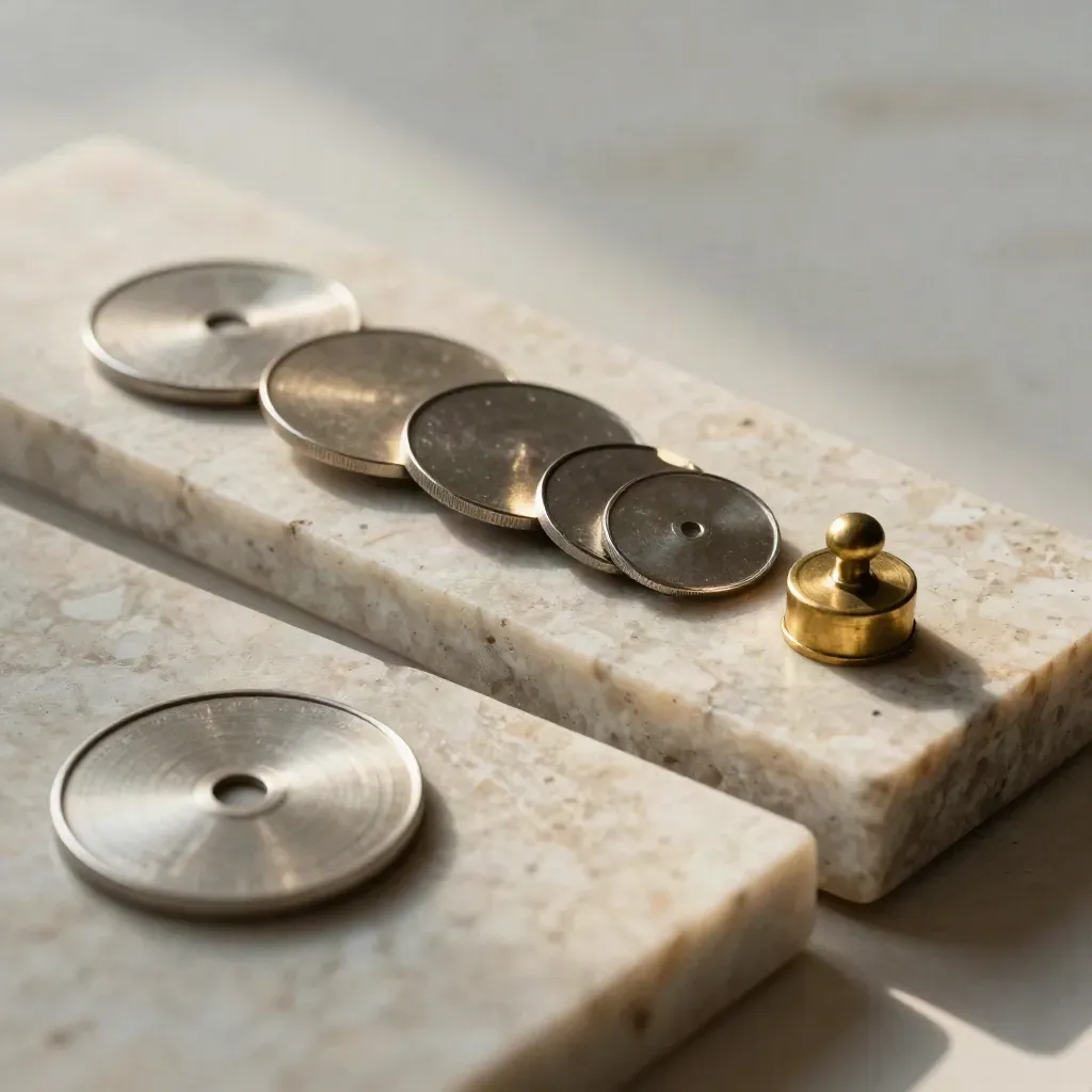 Five metal discs, stone bar and brass weight in a refined travertine macro arrangement.