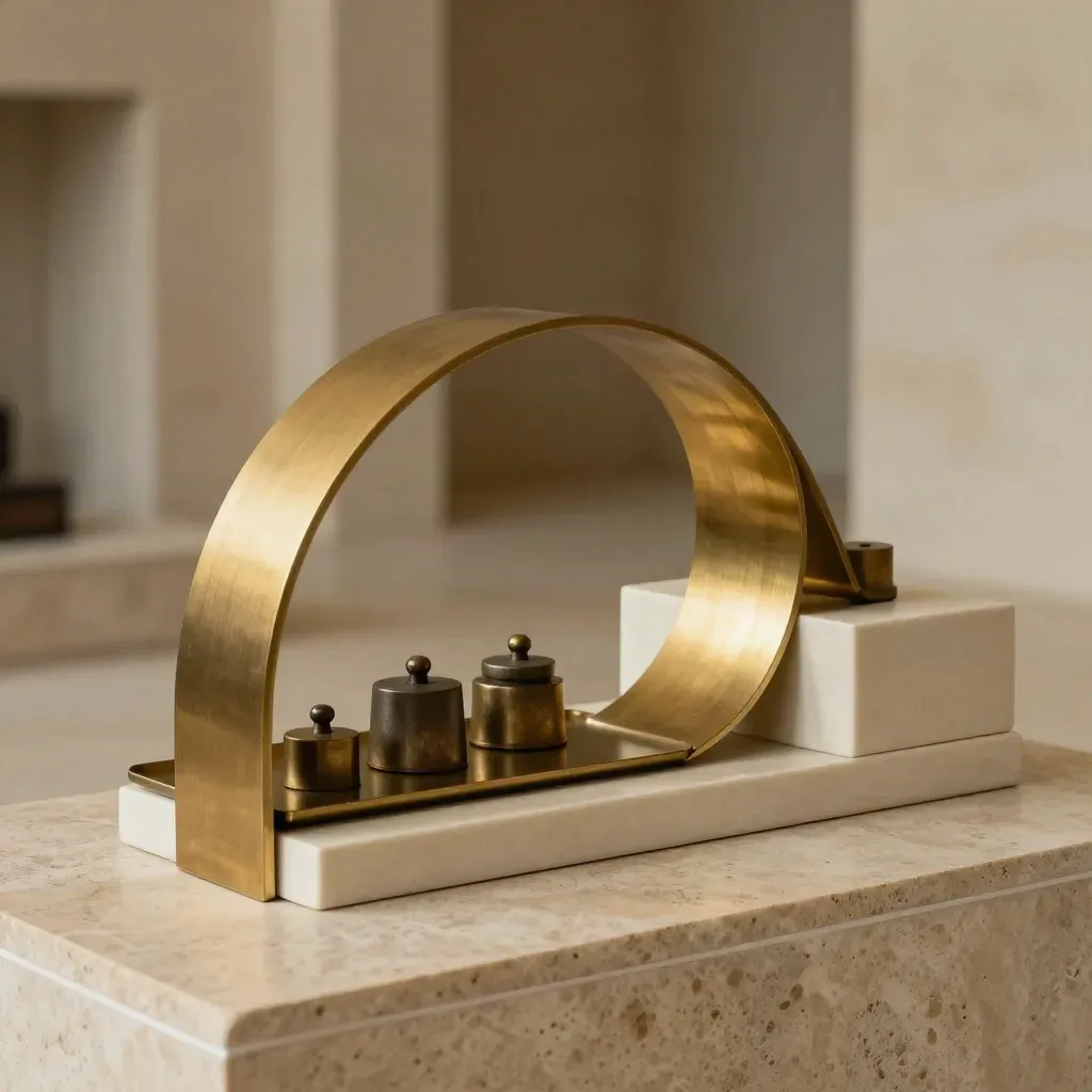 Brass arc, ceramic blocks and metal weights on a stone plinth in dramatic light