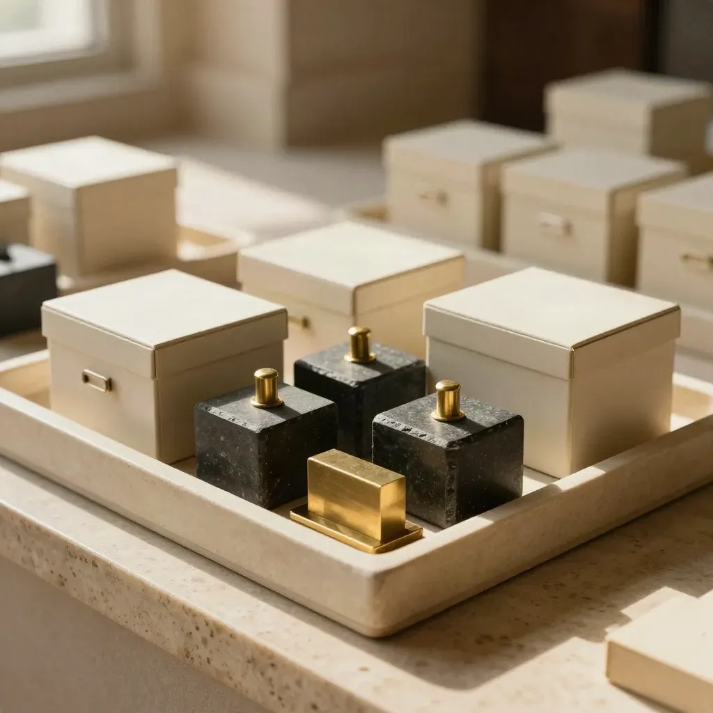 Top-down stone tray with cream, slate and brass reserve weights on travertine.