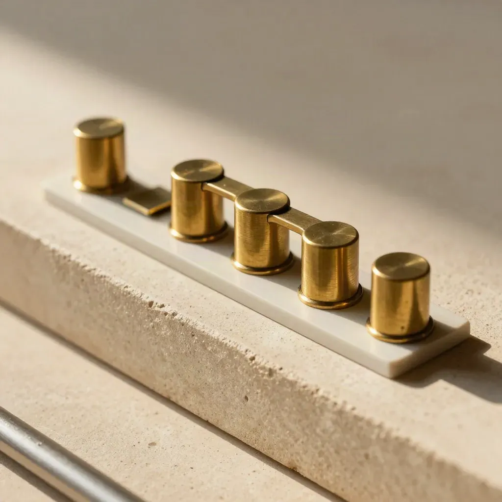 Brass arcs and pale strip aligned on a warm plaster ledge, premium finance still life
