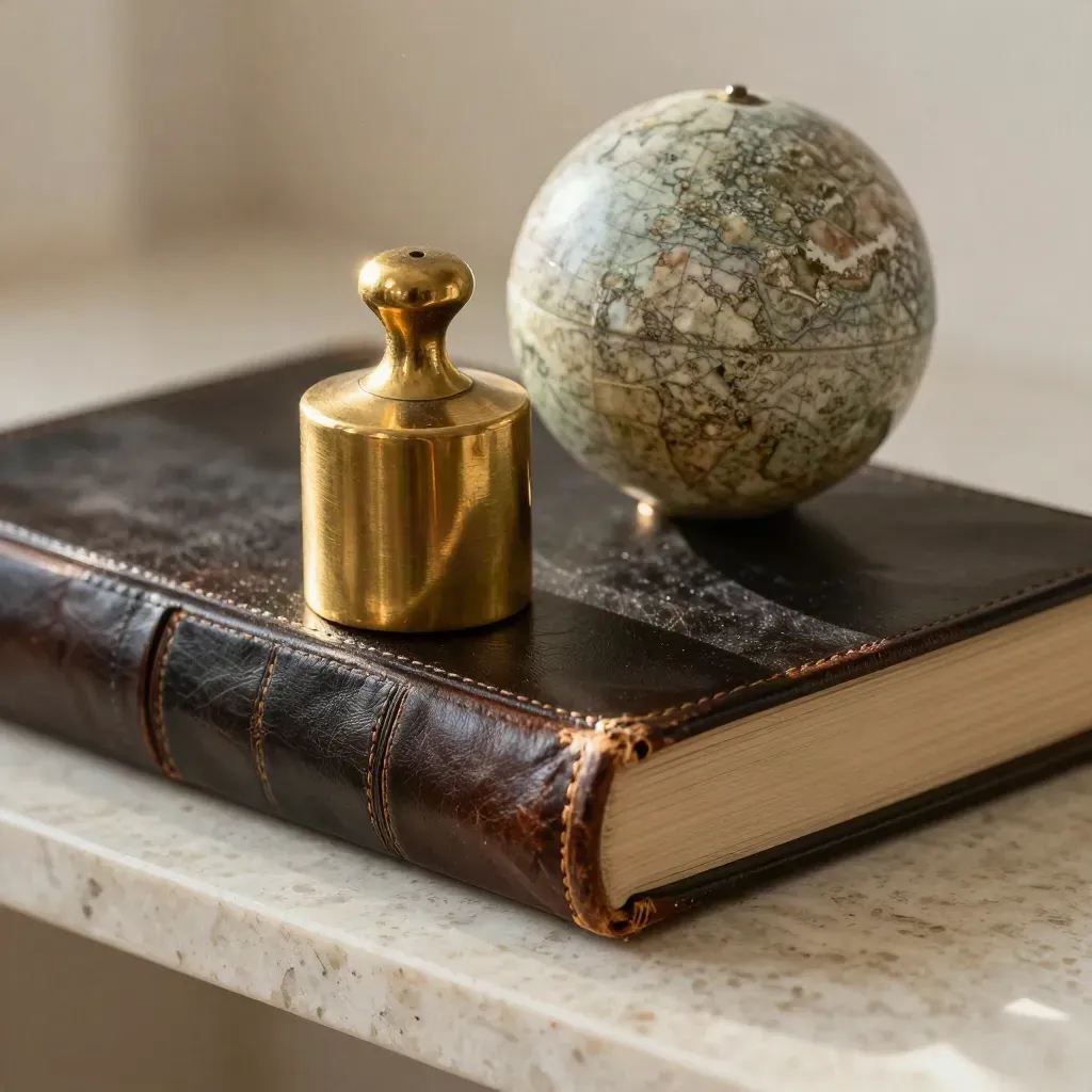 Brass weight, leather compendium and stone globe on a pale travertine shelf.