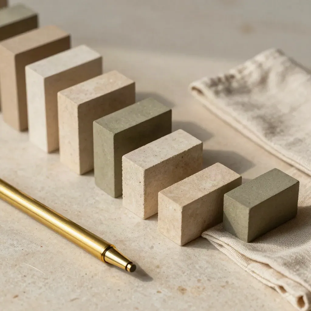 Top-down still life of neutral blocks, a brass marker and folded linen band on pale stone.