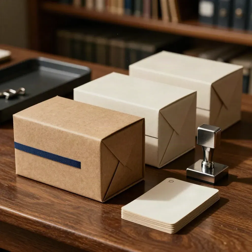 Bond analysis boxes, steel stamp, and face-down cards on a walnut shelf in dramatic light.