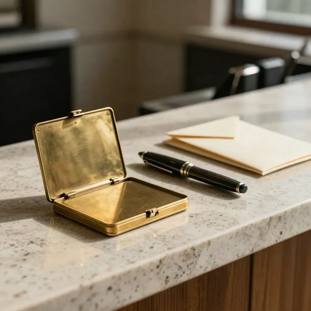 Brass card case, stone pen holder and sealed sleeves on a travertine console.