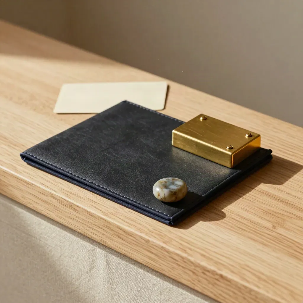 Brass index box, closed portfolio sleeve, and stone paperweight on pale oak ledge.