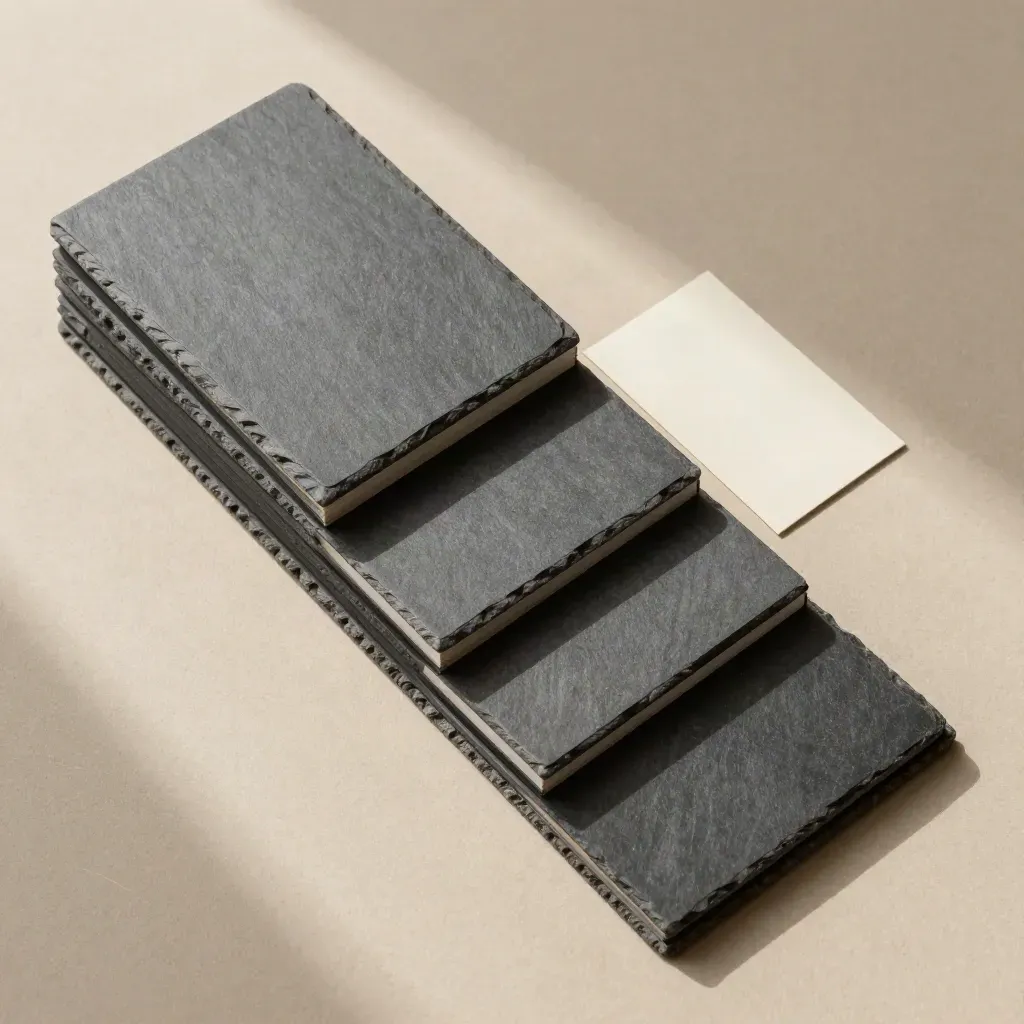 Overhead ladder of matte blocks and closed binders on a sand-toned surface, diagonal composition.