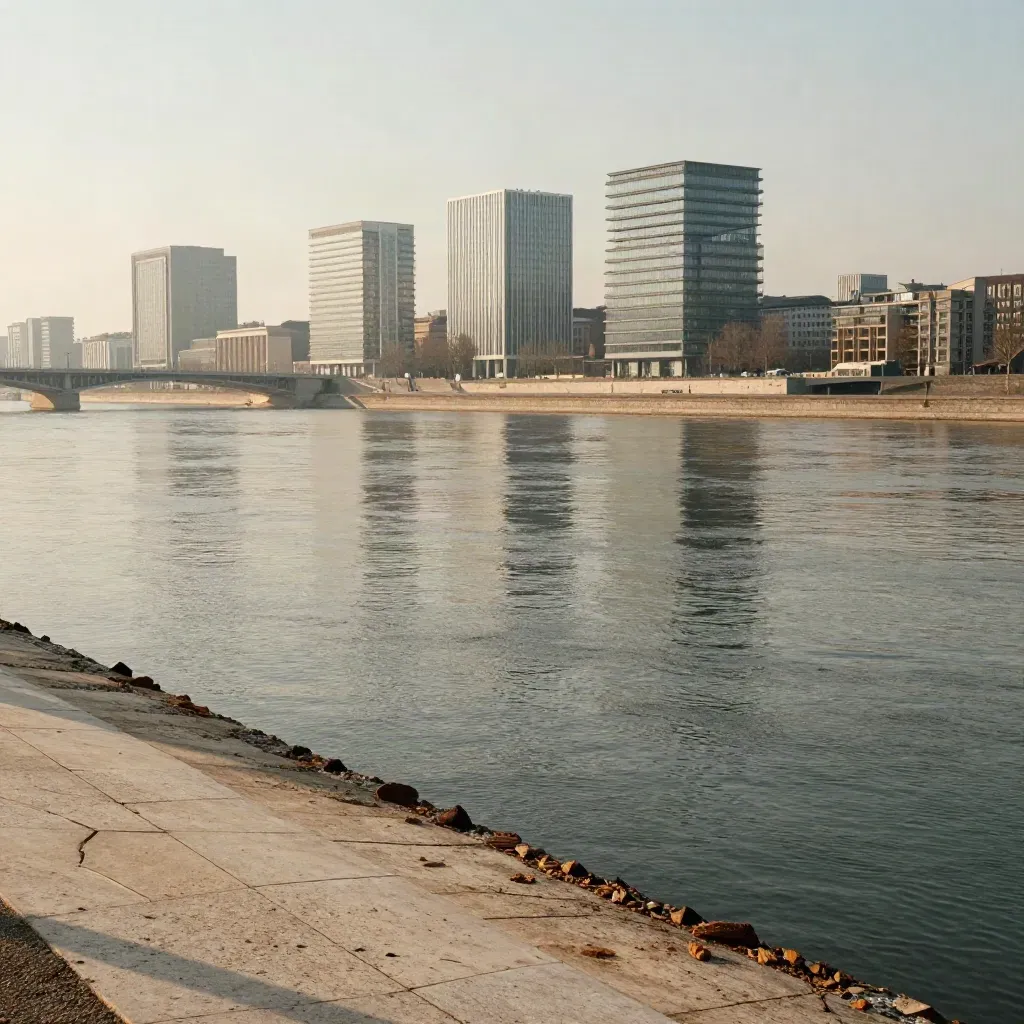Hazy DACH riverfront skyline above a calm pale embankment and wide slate water.