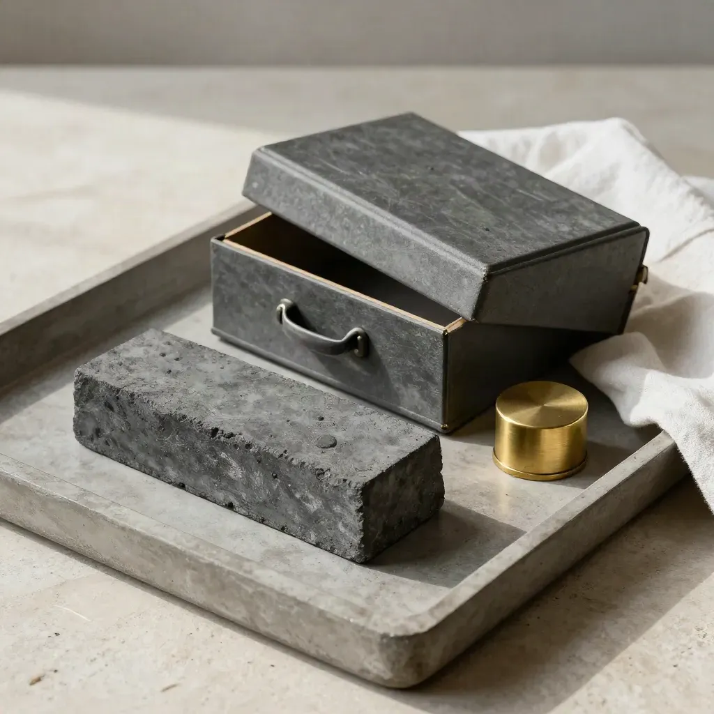 High-angle tray still life with archive box, shifted block, brass stop and folded white cloth.