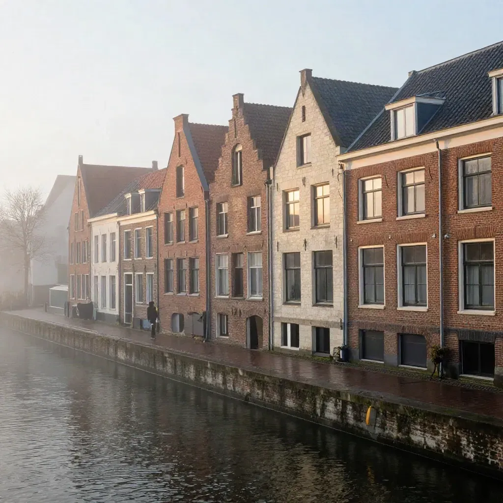 Misty Benelux canal with brick facades and calm water at dawn.