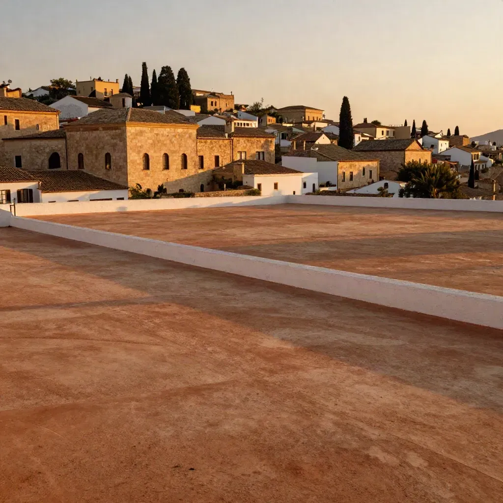 Sunlit Southern Europe skyline above a calm travertine foreground at sunset