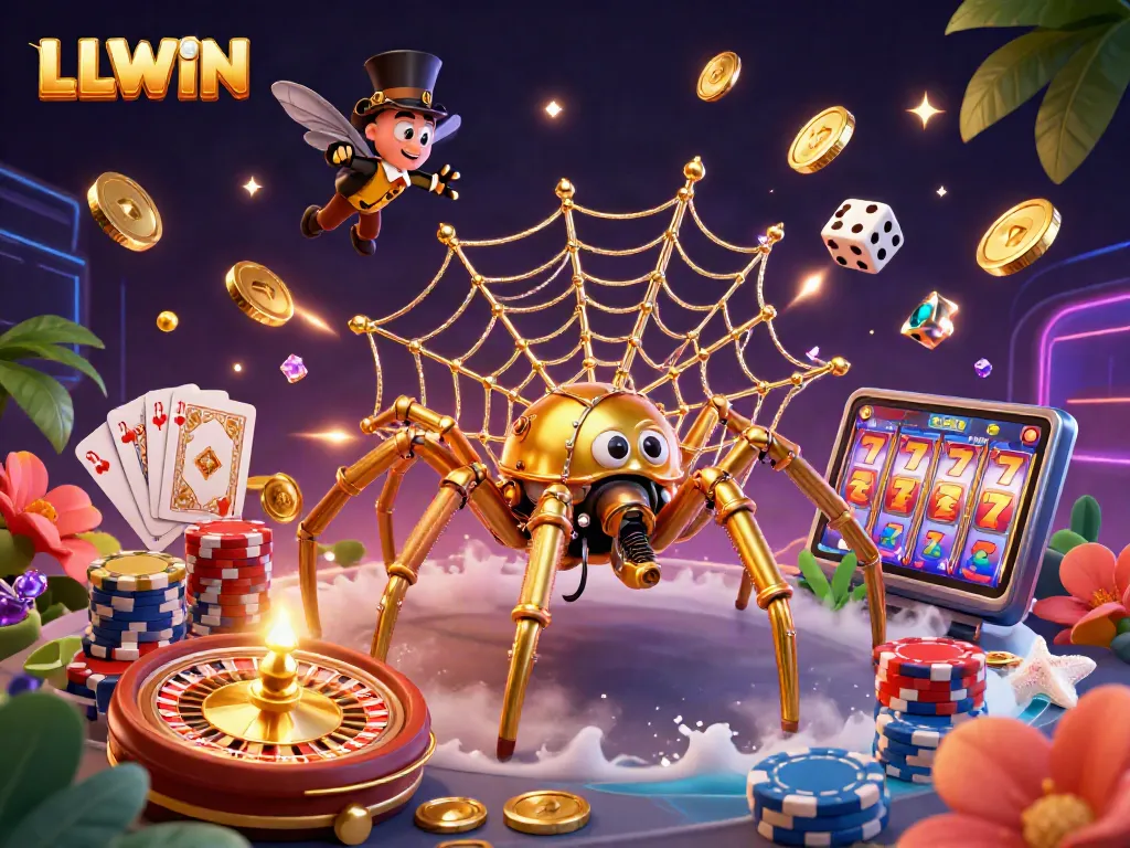 LLWIN captures the thrill of online gambling with a steampunk spider and golden treasures.