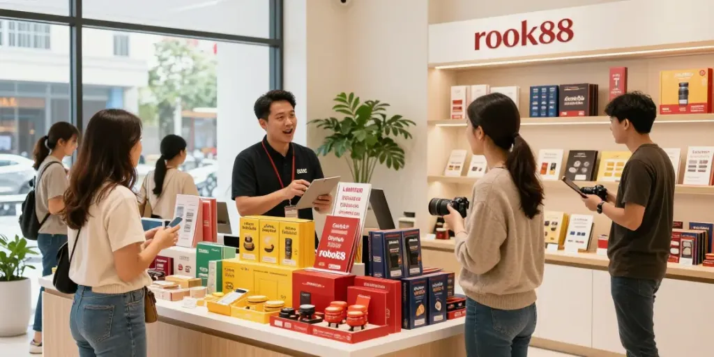 Customer engagement at a vibrant rokok88 storefront with interactive displays.