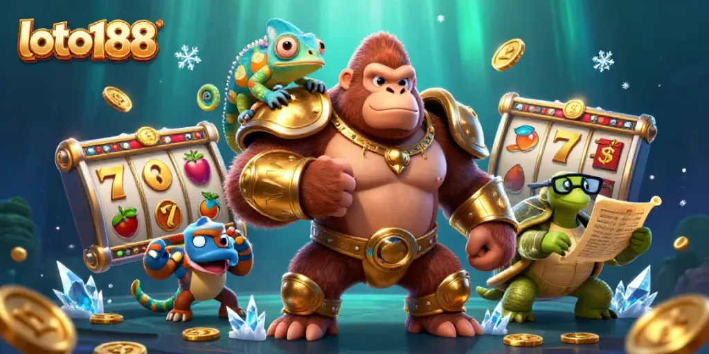 Experience thrilling gaming action with loto188's vibrant slot reel adventure, featuring unique characters and dynamic casino elements.