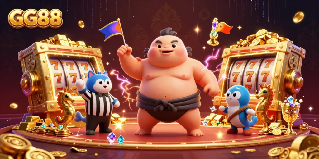 Engage with GG88's colorful underwater casino featuring a fugu in a sumo belt amid dazzling slot elements.