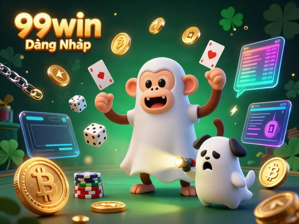 Experience the excitement of 99win Đăng Nhập with playful characters in a vibrant casino setting.