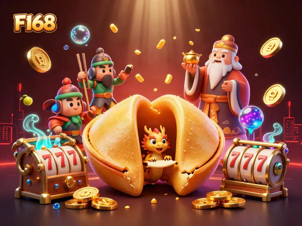 Spin the reels with F168's vibrant casino illustration, showcasing slot symbols and dynamic gaming elements.