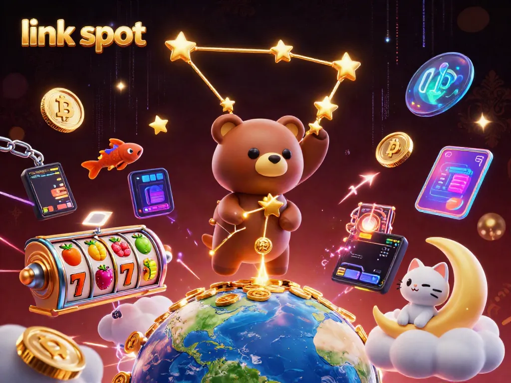 Spin the reels with link slot illustrations featuring a constellation bear and vibrant casino elements.