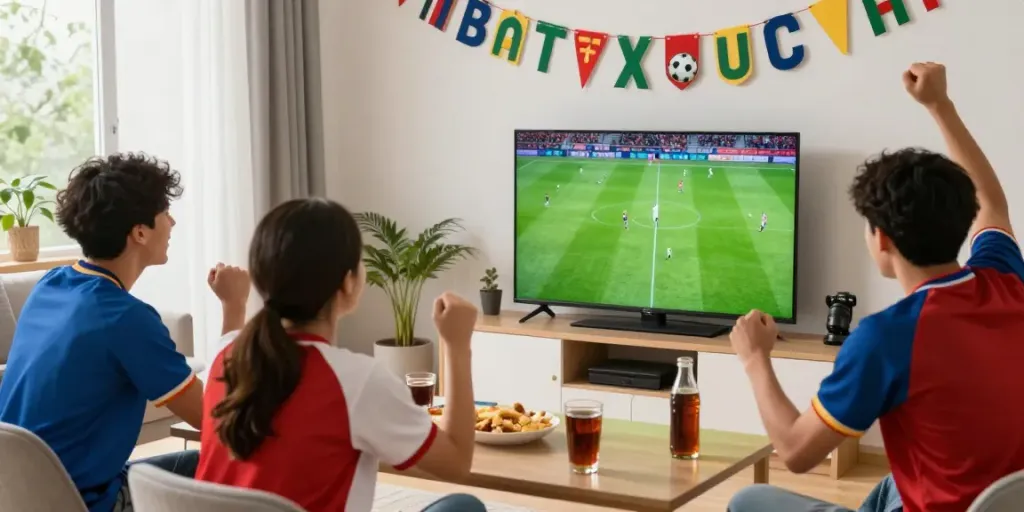 Friends enjoying a football match at home while watching bóng đá xoilactv.