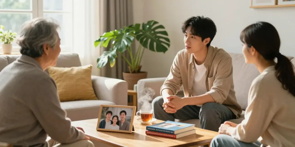 ROKOK88 family moment emphasizing devotion to parents, cozy living room setting with warm sunlight.