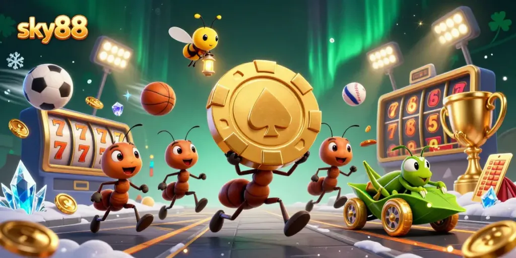 Sky88 delivers thrilling gameplay with cartoon ants heisting golden chips amid dynamic casino elements.