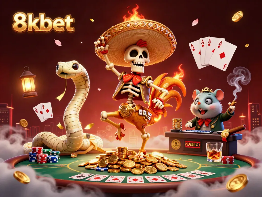 8kbet offers thrilling casino experiences with engaging characters celebrating jackpot wins.