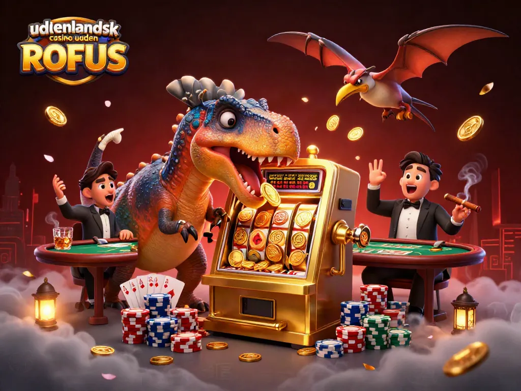 Experience the excitement of udenlandsk casino uden ROFUS with a playful dinosaur scene featuring jackpot wins.